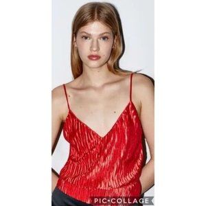 Zara Crinkle Effect Peplum Tank Red Shiny Silk Satin V-Neck Cami Camisole Top M